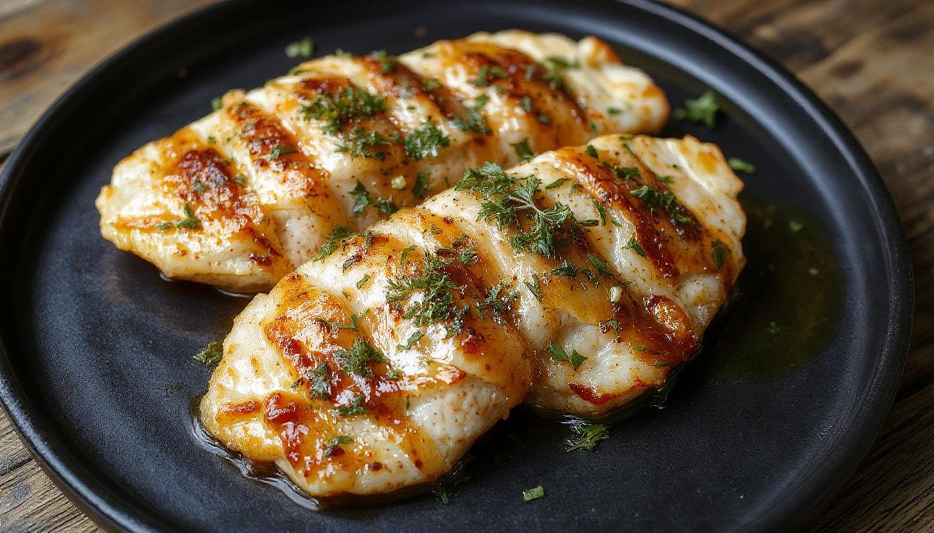 Une assiette élégante présente des escalopes de poulet dorées, glacées d'une sauce brillante à l'ail, miel et soja, garnies de brins de ciboulette verte, sur une table en bois clair avec quelques éclats d'ail en garniture.