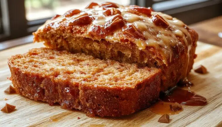 A slices of golden-brown fall apple bread arranged on a rustic wooden platter, showcasing tender apple chunks and a light dusting of powdered sugar. The bread has a moist, fluffy interior visible through the slices, with warm cinnamon spice aroma implied. A few apple slices and cinnamon sticks are artfully placed nearby for decoration.