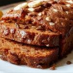 A golden-brown pumpkin banana bread loaf garnished with a light dusting of powdered sugar and a sprig of cinnamon on a rustic wooden table. The bread slices reveal a moist, tender crumb with swirls of pumpkin and bananas, surrounded by autumnal decor like leaves and acorns.