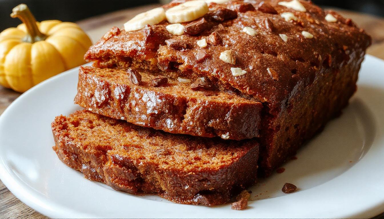A golden-brown pumpkin banana bread loaf garnished with a light dusting of powdered sugar and a sprig of cinnamon on a rustic wooden table. The bread slices reveal a moist, tender crumb with swirls of pumpkin and bananas, surrounded by autumnal decor like leaves and acorns.