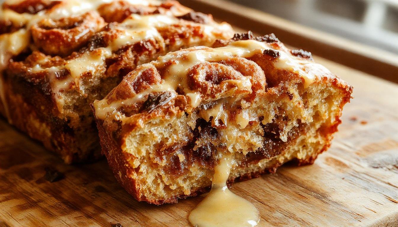 A freshly baked Cinnamon Roll Banana Bread loaf sliced to reveal a moist interior swirled with cinnamon and banana chunks, topped with a golden-brown cinnamon glaze, presented on a rustic wooden board with a sprinkle of cinnamon and banana slices around.