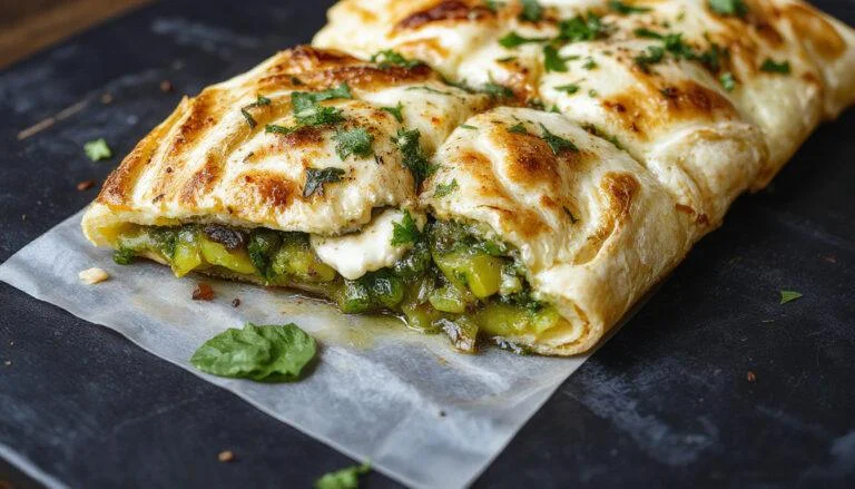 Une tranche de feuilleté doré avec des courgettes finement tranchées, du pesto vert vif et une boule de burrata crémeuse, présenté sur une assiette blanche avec des herbes fraîches en arrière-plan.