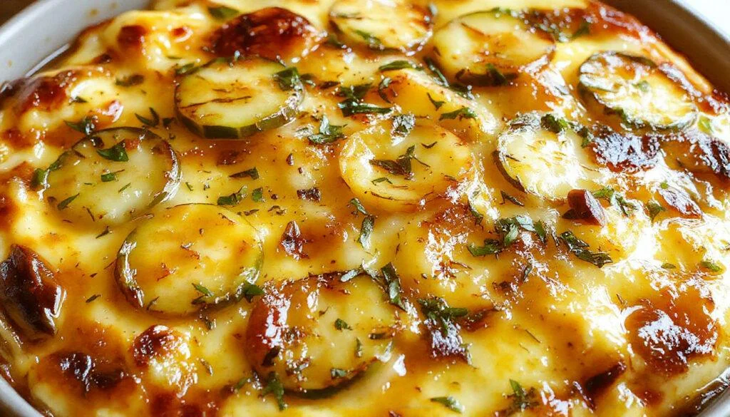 Un flan léger aux courgettes de printemps, présenté dans une assiette blanche, avec une surface dorée et légèrement croustillante. Des morceaux de courgettes vertes et jaunes sont visibles à travers une texture lisse et crémeuse, décoré de fines herbes fraîches. Le fond est flou, mettant en valeur la finesse et la fraîcheur du plat.