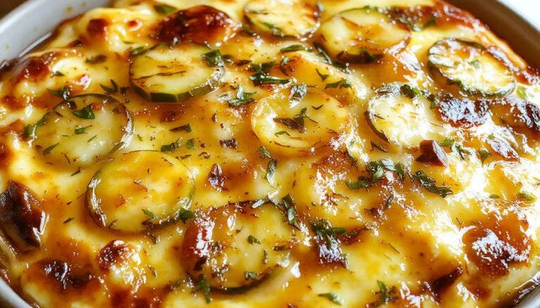 Un flan léger aux courgettes de printemps, présenté dans une assiette blanche, avec une surface dorée et légèrement croustillante. Des morceaux de courgettes vertes et jaunes sont visibles à travers une texture lisse et crémeuse, décoré de fines herbes fraîches. Le fond est flou, mettant en valeur la finesse et la fraîcheur du plat.