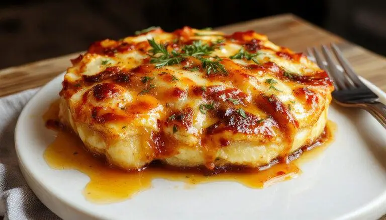 Un flan doré et légèrement brillant, garni de fines herbes, de tomates séchées et d'olives noires, présenté dans un plat en céramique rustique avec une texture onctueuse visible à la coupe.