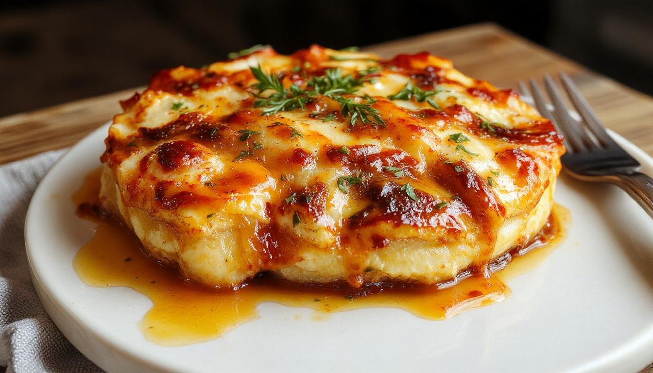 Un flan doré et légèrement brillant, garni de fines herbes, de tomates séchées et d'olives noires, présenté dans un plat en céramique rustique avec une texture onctueuse visible à la coupe.