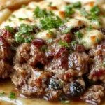 A golden-brown French onion meatloaf sliced open to reveal a juicy, savory interior with caramelized onion bits. The meatloaf is garnished with fresh herbs and served on a rustic plate, with a side of caramelized onions and a drizzle of gravy. The presentation emphasizes its hearty, comforting appeal with a glossy glaze on top and a crispy crust.