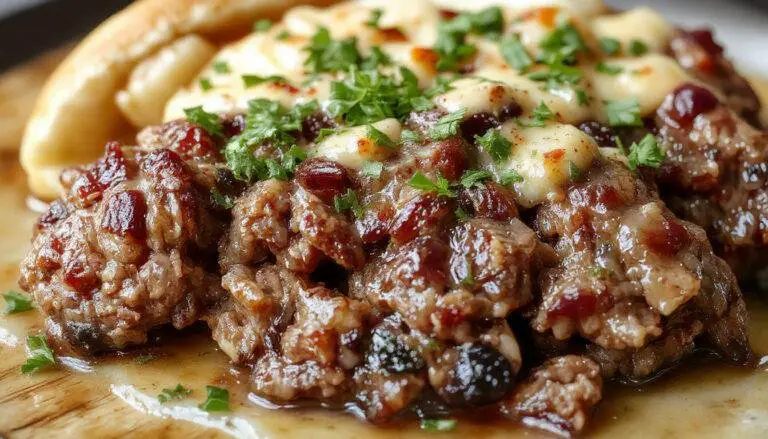A golden-brown French onion meatloaf sliced open to reveal a juicy, savory interior with caramelized onion bits. The meatloaf is garnished with fresh herbs and served on a rustic plate, with a side of caramelized onions and a drizzle of gravy. The presentation emphasizes its hearty, comforting appeal with a glossy glaze on top and a crispy crust.