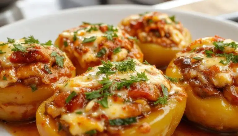Colorful stuffed peppers in red, yellow, and green, filled with a savory mixture of rice, ground meat, and herbs. The peppers are topped with melted cheese and garnished with fresh parsley, arranged neatly on a rustic plate with a fork beside them. The vibrant peppers contrast beautifully with the creamy filling and golden cheese, creating an appetizing and inviting presentation.
