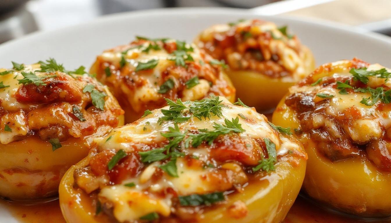 Colorful stuffed peppers in red, yellow, and green, filled with a savory mixture of rice, ground meat, and herbs. The peppers are topped with melted cheese and garnished with fresh parsley, arranged neatly on a rustic plate with a fork beside them. The vibrant peppers contrast beautifully with the creamy filling and golden cheese, creating an appetizing and inviting presentation.