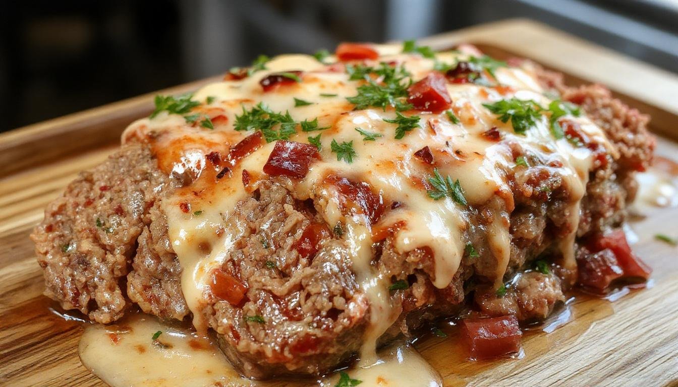 A hearty meatloaf sliced open to reveal a moist, seasoned interior. The slices are arranged on a rustic plate, topped with a glossy tomato glaze and garnished with fresh herbs. The background features a cozy kitchen setting with a fork and knife placed beside the meatloaf.