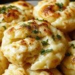 A close-up of golden-brown mashed potato muffins arranged on a rustic white plate, each muffin topped with a light sprinkling of chopped herbs, showcasing their fluffy, airy texture and crispy edges, with a blurred background of fresh herbs and a wooden table surface.