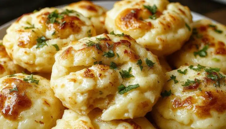 A close-up of golden-brown mashed potato muffins arranged on a rustic white plate, each muffin topped with a light sprinkling of chopped herbs, showcasing their fluffy, airy texture and crispy edges, with a blurred background of fresh herbs and a wooden table surface.