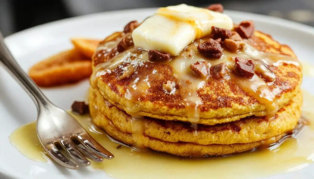 A stack of fluffy pumpkin pancakes piled high on a rustic white plate, topped with a dollop of whipped cream and a sprinkle of cinnamon, with a drizzle of maple syrup cascading down the sides. The pancakes have a golden-brown exterior with visible specks of pumpkin, set against a cozy autumn-themed background with a scattering of cinnamon sticks and mini pumpkins.