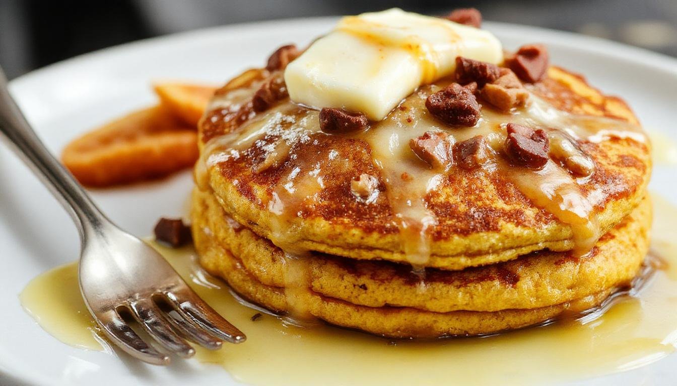 A stack of fluffy pumpkin pancakes piled high on a rustic white plate, topped with a dollop of whipped cream and a sprinkle of cinnamon, with a drizzle of maple syrup cascading down the sides. The pancakes have a golden-brown exterior with visible specks of pumpkin, set against a cozy autumn-themed background with a scattering of cinnamon sticks and mini pumpkins.