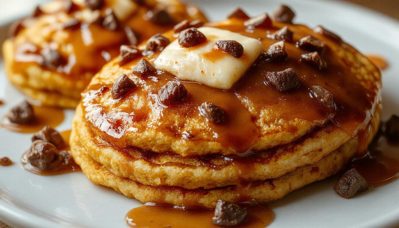 A stack of fluffy, golden-brown pumpkin pancakes topped with a drizzle of syrup and a sprinkle of powdered sugar, garnished with a small cluster of roasted pumpkin seeds, all served on a rustic white plate with a steaming mug of coffee in the background.