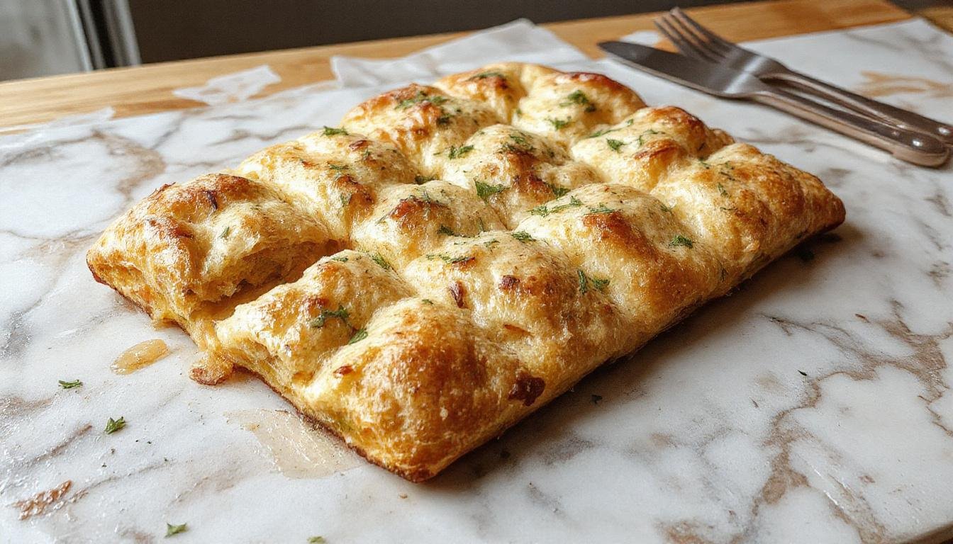 Une focaccia maison ultra moelleuse dorée, garnie de gros sel, herbes fraîches et un filet d'huile d'olive, présentée sur une planche en bois rustique.