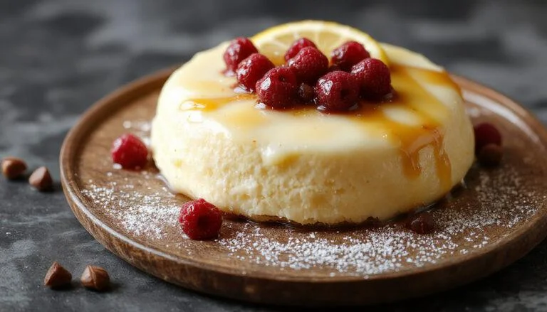 Gâteau au citron et mascarpone, présenté en coupe, avec une texture fondante et légère, garniture de zestes de citron et un filet de sirop brillant, décoré de feuilles de menthe fraîche.