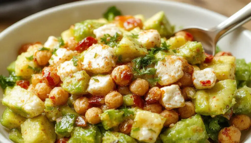 A vibrant bowl of salad featuring creamy avocado slices, crumbled white feta cheese, tender chickpeas, cherry tomatoes, and fresh herbs. The ingredients are arranged beautifully in a white ceramic bowl, with the colorful produce contrasting against the green and white elements, topped with a drizzle of olive oil and a sprinkling of herbs, evoking a fresh and inviting summer vibe.