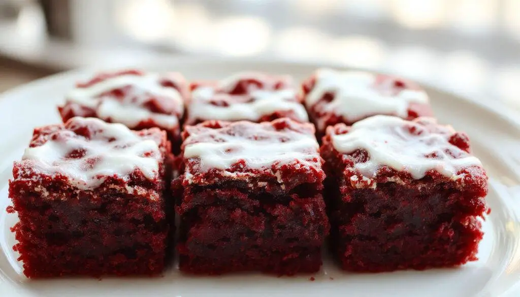 A close-up of a rich, fudgy red velvet brownie sliced to reveal its moist, dense interior. The brownie has a vibrant crimson color with a slightly glossy top crust, garnished with a dusting of powdered sugar and a hint of cream cheese swirls. The surface shows a tender crumb, inviting texture, and a decadent appearance perfect for a red velvet dessert shot.