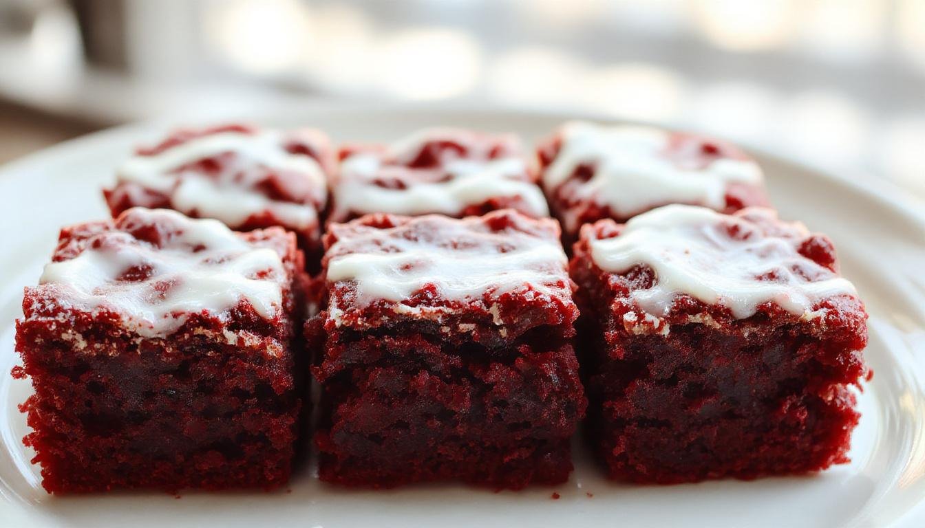 A close-up of a rich, fudgy red velvet brownie sliced to reveal its moist, dense interior. The brownie has a vibrant crimson color with a slightly glossy top crust, garnished with a dusting of powdered sugar and a hint of cream cheese swirls. The surface shows a tender crumb, inviting texture, and a decadent appearance perfect for a red velvet dessert shot.