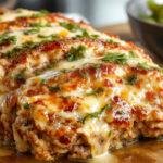 A slice of garlic Parmesan chicken meatloaf served on a white plate, showcasing a golden-brown crust and tender, moist interior dotted with herbs and cheese, garnished with parsley.