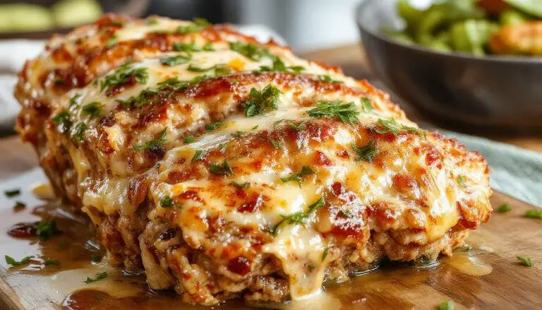 A slice of garlic Parmesan chicken meatloaf served on a white plate, showcasing a golden-brown crust and tender, moist interior dotted with herbs and cheese, garnished with parsley.