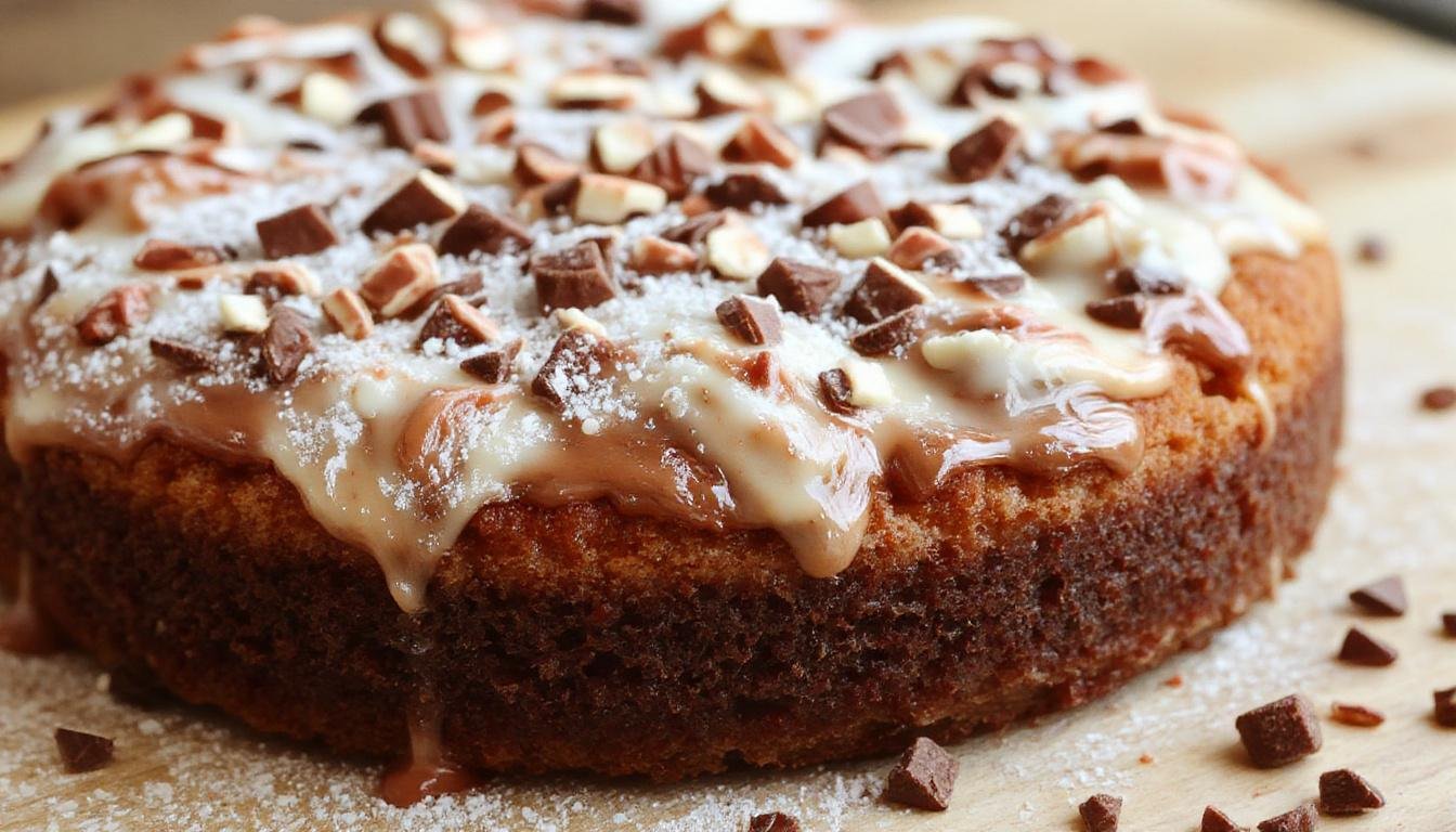 Gâteau au Nutella et Kinder Bueno présenté en tranches, avec une garniture généreuse de Nutella coulant, des morceaux de Kinder Bueno croquants en décoration, une surface lisse et brillante, couleurs marron riche et blanc crème, élégamment posé sur une assiette blanche avec une touche de cacao en poudre autour.