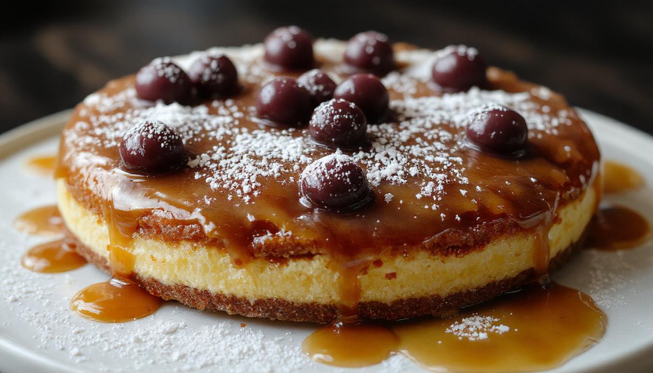 Un gâteau au caramel beurre salé doré, découpé en parts, avec une texture fondante et une garniture de caramel coulant sur le dessus, présenté sur une jolie assiette blanche avec un léger éclat de lumière accentuant sa brillance et sa richesse.
