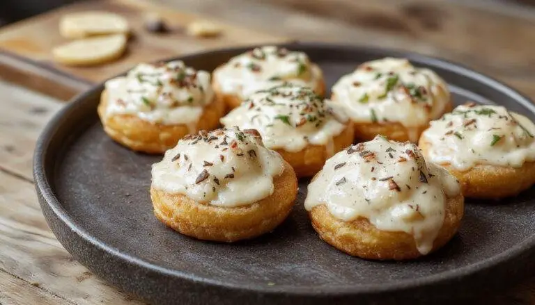 Gaufre salée dorée et croustillante garnie de fromage fondu, présentée sur une assiette blanche avec une garniture verte et quelques éclats de fromage à côté.