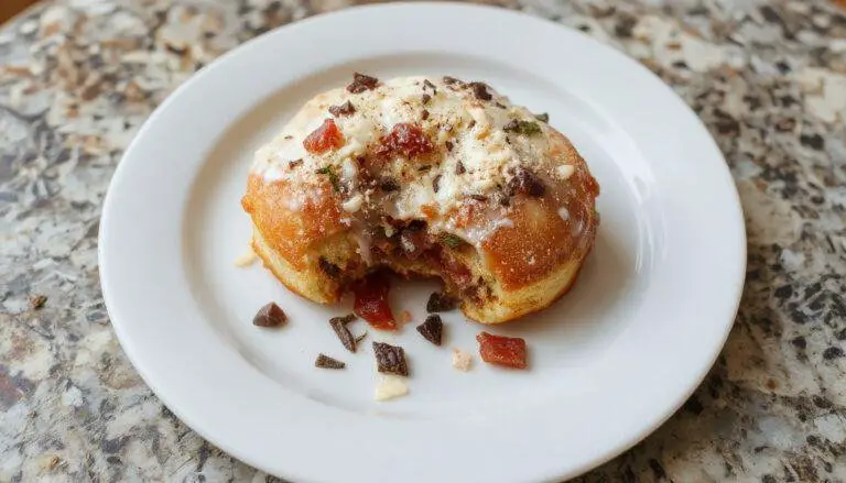 Gaufres salées dorées et croustillantes avec des morceaux visibles de jambon de bœuf et de fromage fondant à la surface, présentées sur une assiette blanche avec des herbes fraîches en décoration.