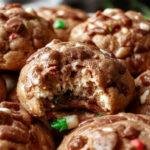 A close-up of gingerbread cheesecake cookies arranged on a rustic wooden platter. The cookies have a golden-brown hue with visible specks of ginger and spices, topped with a light glaze and sprinkled with cinnamon sugar. Some cookies are broken open, revealing a creamy cheesecake filling inside, contrasting the crunchy exterior. The background features holiday-themed decorations and a dusting of powdered sugar, enhancing the festive presentation.