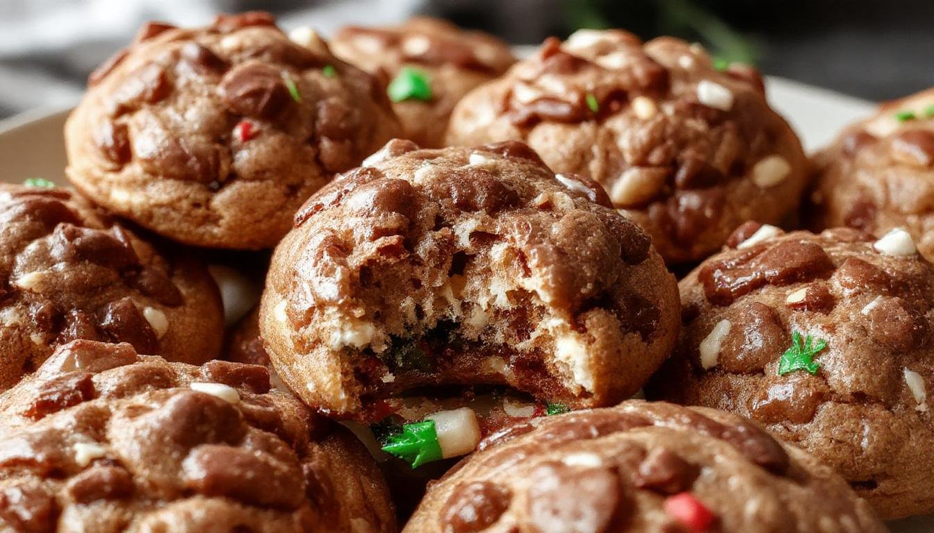 A close-up of gingerbread cheesecake cookies arranged on a rustic wooden platter. The cookies have a golden-brown hue with visible specks of ginger and spices, topped with a light glaze and sprinkled with cinnamon sugar. Some cookies are broken open, revealing a creamy cheesecake filling inside, contrasting the crunchy exterior. The background features holiday-themed decorations and a dusting of powdered sugar, enhancing the festive presentation.