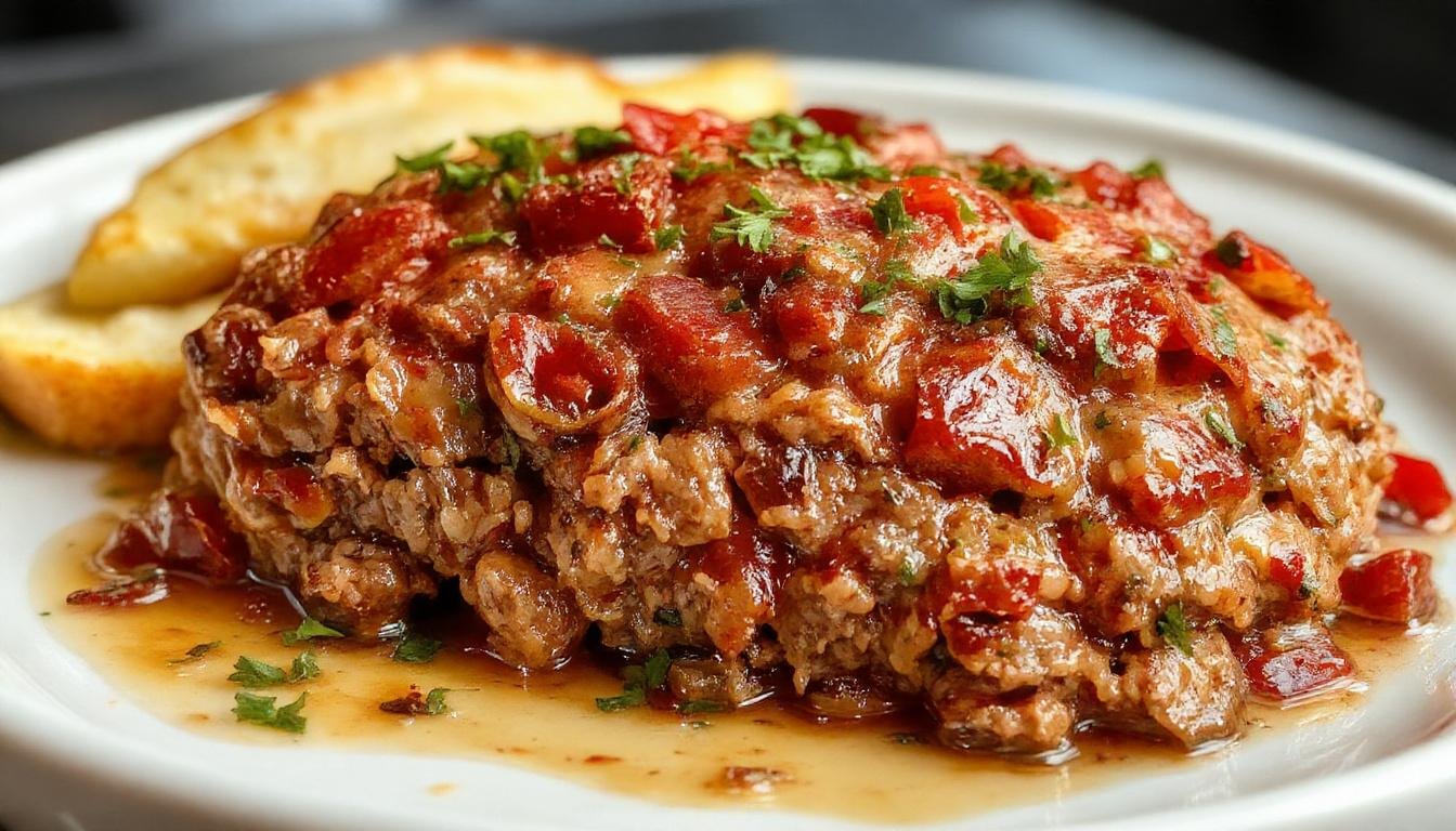 A close-up of a hearty and moist meatloaf sliced to reveal a tender, juicy interior. The meatloaf is topped with a glossy tomato glaze, garnished with fresh herbs, and served on a rustic white plate next to a side of mashed potatoes and green beans. The presentation emphasizes the moist texture and rich flavor, with steam gently rising from the hot dish.