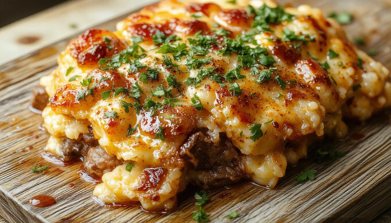 Un gratin coloré dans un plat en cuisson, avec une couche dorée de fromage fondu, visible morceaux de riz, bœuf haché et légumes variés, présenté sur une surface en bois avec une décoration mexicaine typique, évoquant une cuisine riche et appétissante.