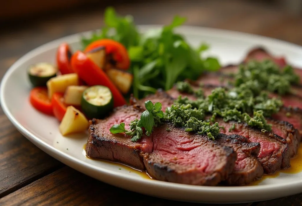 Finished grilled flank steak with chimichurri sauce, perfect for a flavorful dinner
