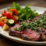 Finished grilled flank steak with chimichurri sauce, perfect for a flavorful dinner