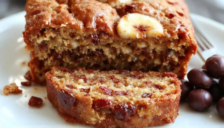 A sliced, golden-brown banana bread loaf with a moist, dense interior dotted with chunks of cottage cheese and ripe banana slices on top, presented on a rustic wooden cutting board with a few banana slices and a sprig of mint as garnish. The bread's surface has a slight sheen, highlighting its moist texture and inviting appearance.