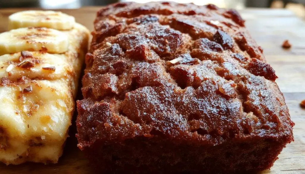 A slice of moist, golden-brown gluten-free banana bread with a slightly crumbly texture, topped with a few banana slices and a light drizzle of honey, presented on a rustic wooden board with fresh bananas in the background and soft natural lighting highlighting its inviting appearance.