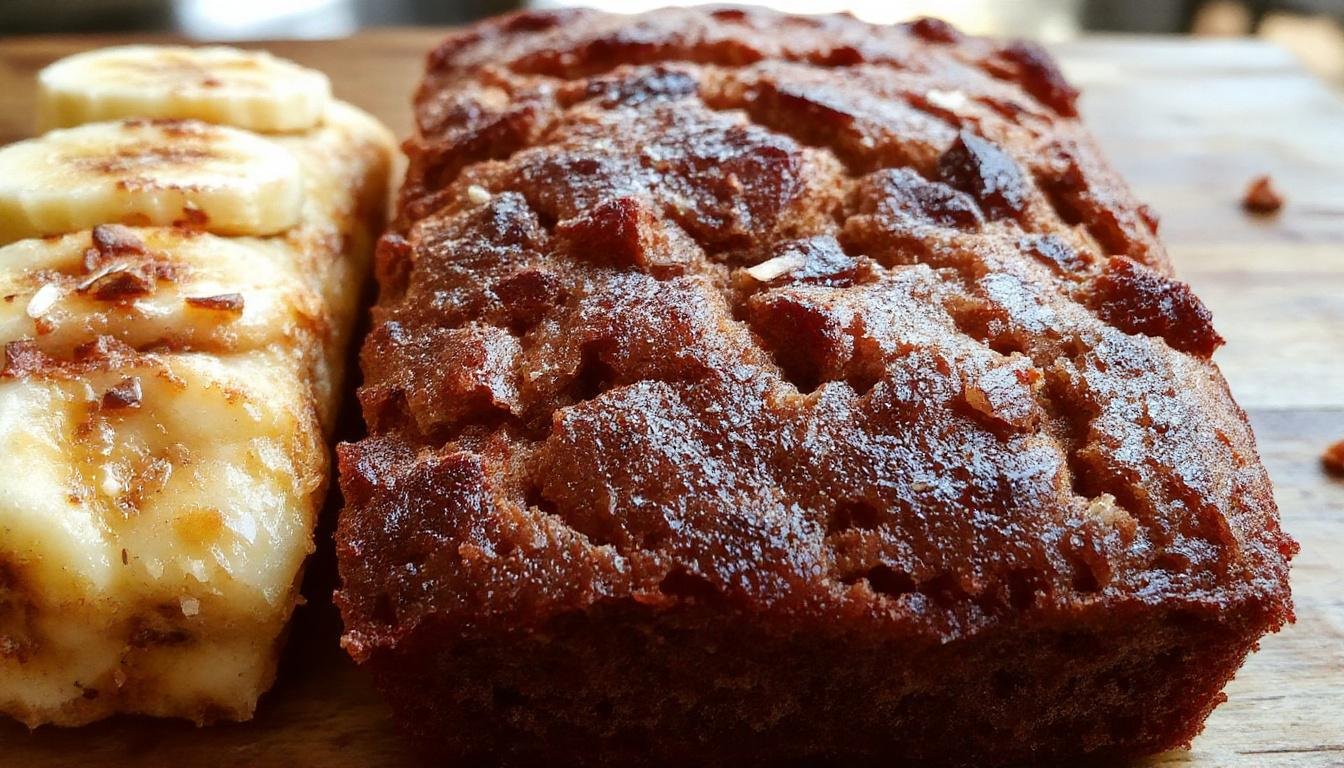 A slice of moist, golden-brown gluten-free banana bread with a slightly crumbly texture, topped with a few banana slices and a light drizzle of honey, presented on a rustic wooden board with fresh bananas in the background and soft natural lighting highlighting its inviting appearance.