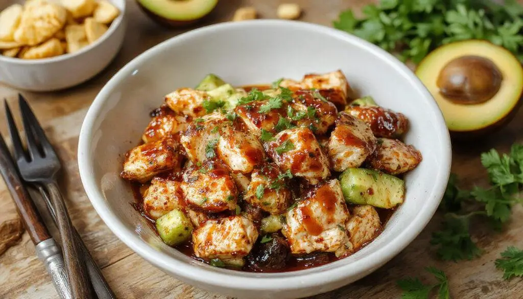 Close-up of a vibrant grilled chicken teriyaki bowl with fresh vegetables and rice, topped with sesame seeds