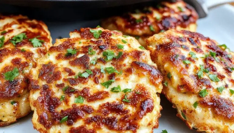 Golden-brown chicken patties with a crispy exterior, arranged neatly on a white plate garnished with fresh herbs. The patties are juicy with a slightly textured surface, highlighting their tender insides, plated for an appealing, wholesome meal.