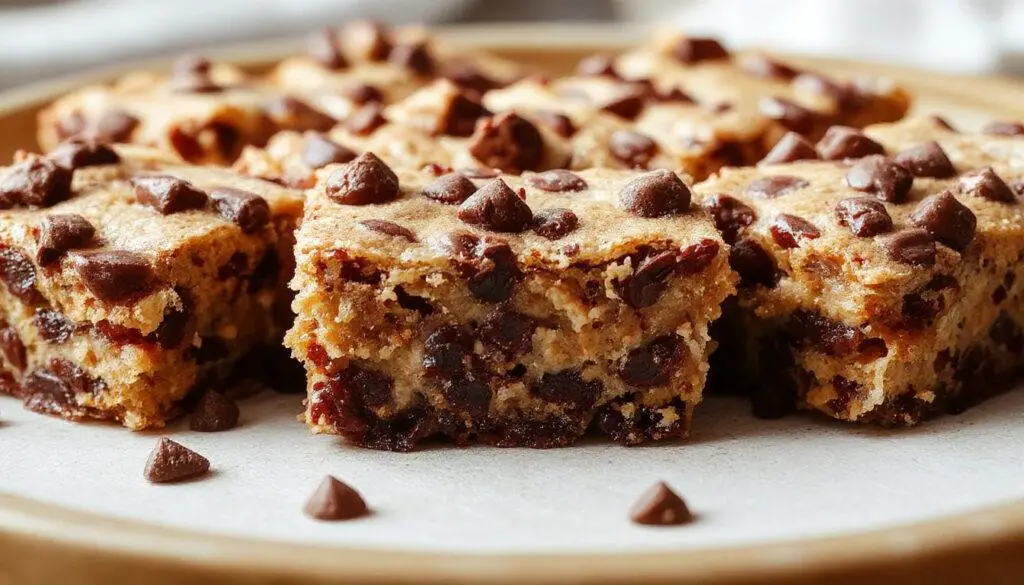 A close-up of rectangular healthy no-bake cookie dough bars placed on a rustic wooden serving board. The bars have a golden-brown crust with visible chocolate chips and a creamy, slightly textured surface. Fresh mint leaves and a drizzle of dark chocolate are artfully arranged around the bars, highlighting their indulgent yet healthy appeal.