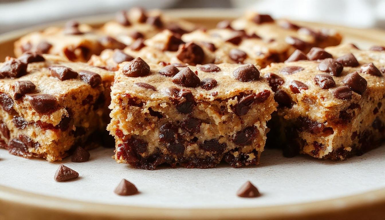 A close-up of rectangular healthy no-bake cookie dough bars placed on a rustic wooden serving board. The bars have a golden-brown crust with visible chocolate chips and a creamy, slightly textured surface. Fresh mint leaves and a drizzle of dark chocolate are artfully arranged around the bars, highlighting their indulgent yet healthy appeal.