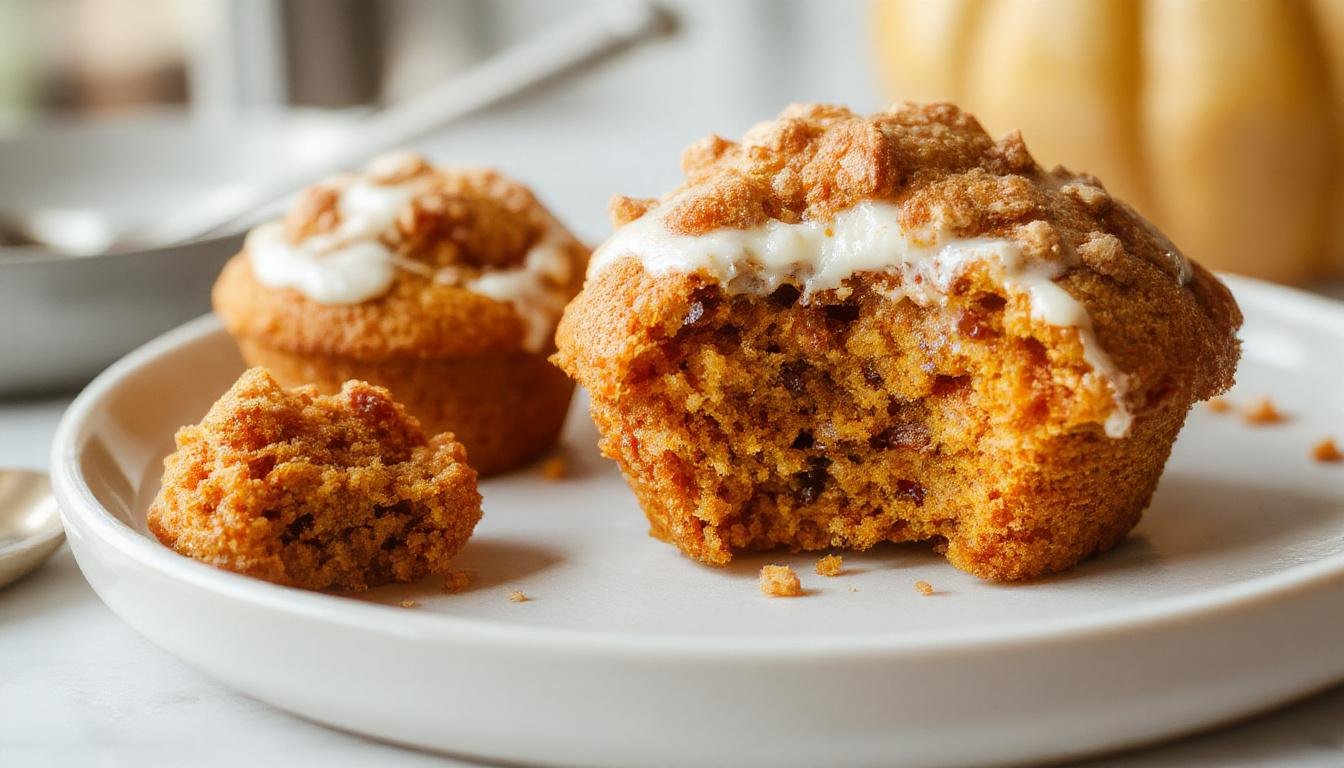 A batch of golden-brown pumpkin muffins topped with a sprinkle of chopped pecans and a drizzle of honey, arranged on a rustic wooden platter with a few pumpkin seeds scattered around. The muffins are varied in size, with some slightly cracked surfaces revealing a moist interior, accompanied by a small bowl of Greek yogurt on the side.