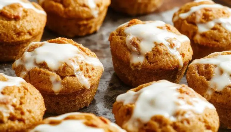 Golden-brown pumpkin muffins topped with a light dusting of cinnamon, arranged on a rustic wooden platter with a fork beside them. The muffins reveal a moist, textured crumb with visible specks of pumpkin and a hint of creamy Greek yogurt swirled into the batter, creating an inviting autumnal display.