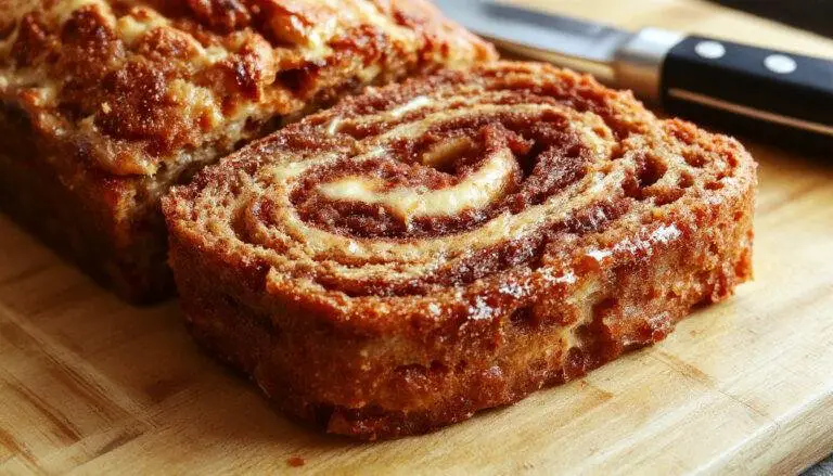 A slice of cinnamon swirl banana bread on a rustic wooden plate, showcasing golden-brown crust with a creamy banana interior and cinnamon swirl pattern, topped with a light dusting of powdered sugar. The background includes a casual brunch setting with a cup of coffee and a small jar of cinnamon.