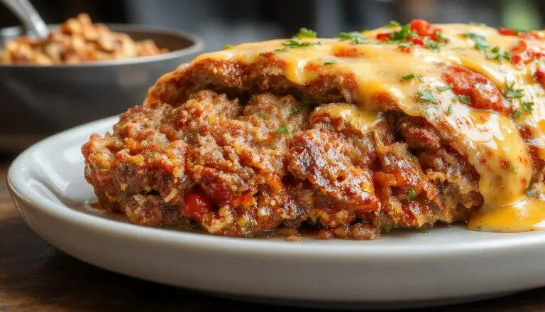 A golden-brown meatloaf glazed with a rich tomato sauce, sliced to reveal moist, hearty interior flecked with herbs and onions, presented on a rustic wooden platter with fresh herbs and a side of mashed potatoes in the background.