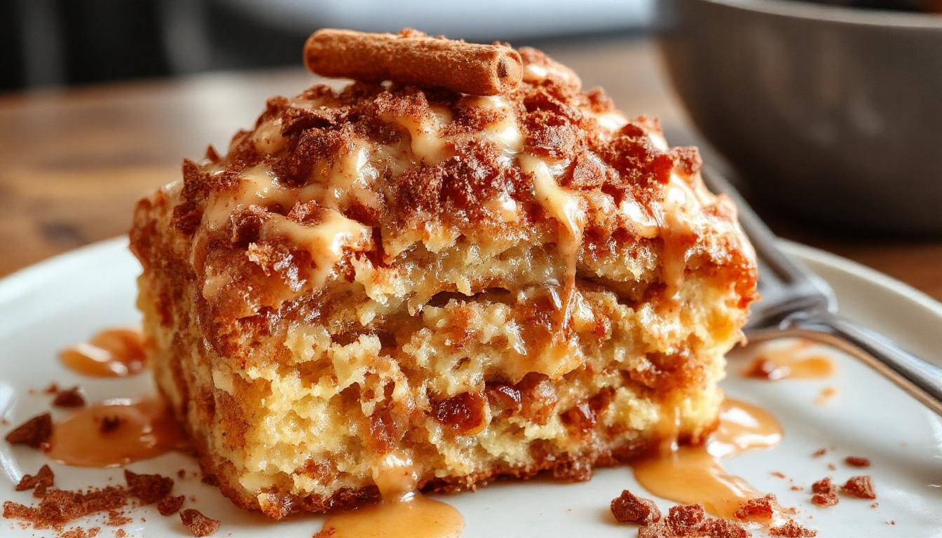 A close-up of a slice of apple crumb cake with a golden-brown crumb topping, drizzled with cinnamon glaze, and garnished with a sprinkle of cinnamon. The cake sits on a rustic wooden platter with visible apple chunks inside, steam gently rising from the warm dessert.