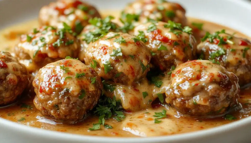 A close-up of golden-brown Italian meatballs nestled in a rich marinara sauce, garnished with fresh basil leaves, served on a rustic white plate with a side of crusty bread. The meatballs have a slightly crispy exterior with a moist interior visible through a slight crack, and the sauce glistens under warm lighting.